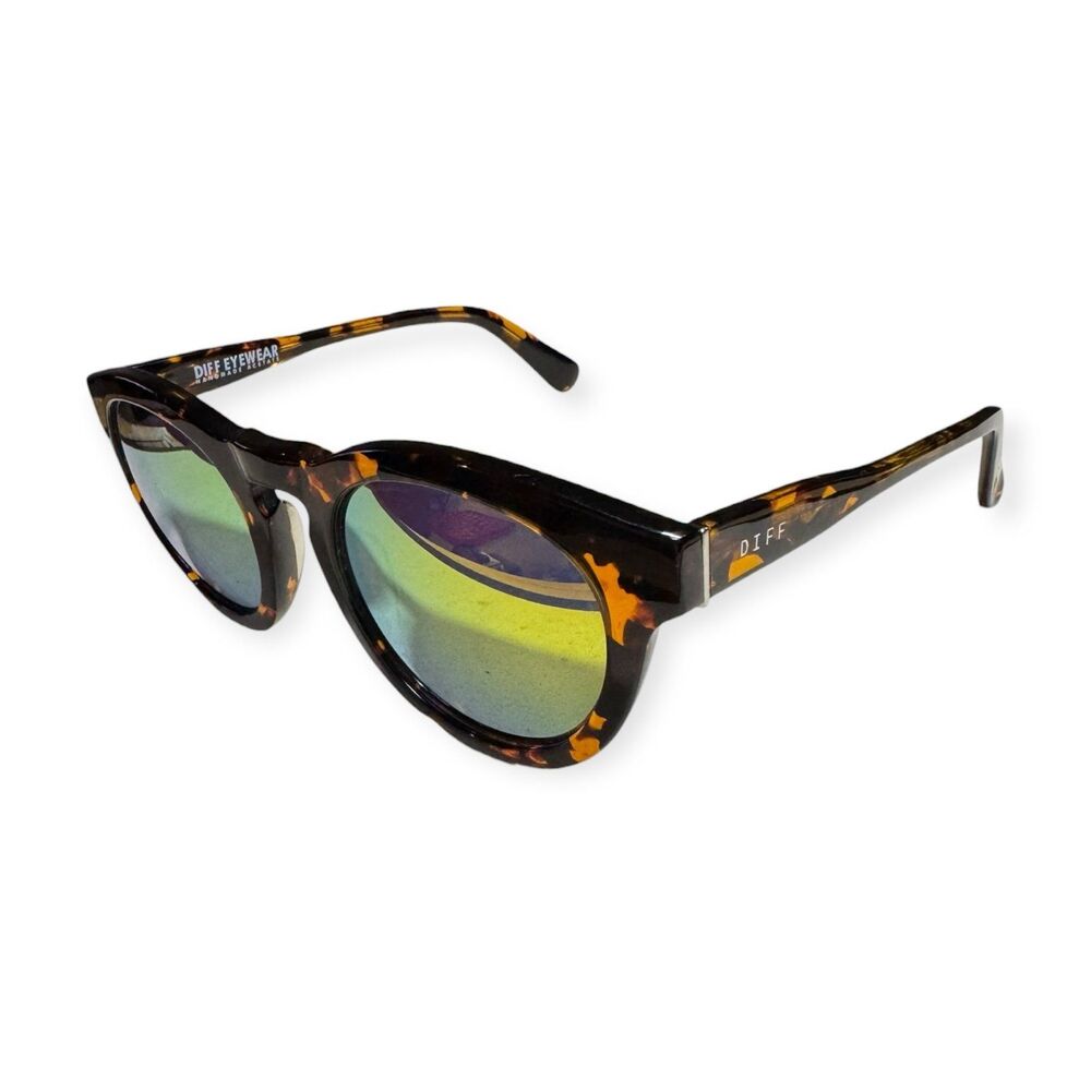 DIFF Dime II Mirrored‎ Sunglasses Tortoise Frame Green Mirror Lens Round Retro
